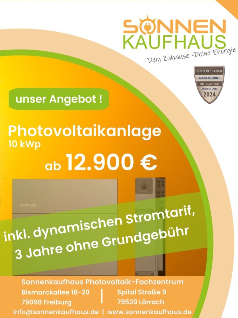 Angebot für Photovoltaikanlage ab 12.900 €, inklusive dynamischem Stromtarif.