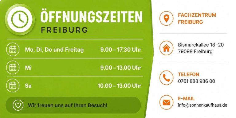 Öffnungszeiten Sonnenkaufhaus Photovoltaik Fachzentrum Freiburg Sonnenkaufhaus Kontakt 0761-88898600 E-Mail: info@sonnenkaufhaus.de www.sonnenkaufhaus.de Bismarckallee 18-20, 79098 Freiburg im Breisgau