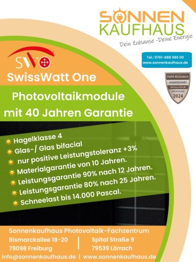 SwissWatt One Photovoltaikmodule mit 40 Jahren Garantie und Hagelklasse 4