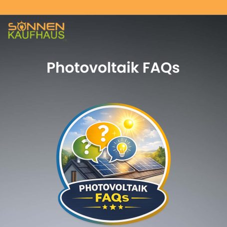 Grafik mit dem Text "Photovoltaik FAQs" und einem Symbol für Fragen und Sonnenenergie.