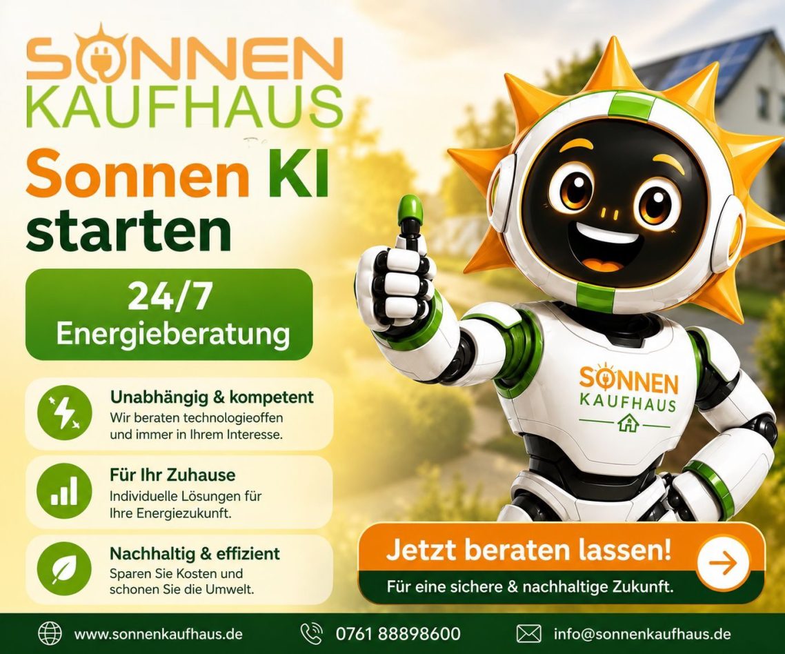 Sonnenkaufhaus KI Beratung mit den Sunny Sonniger Charakter mit Sonnenstrahlen, der Energiedienstleistungen bewirbt.